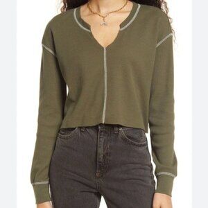 NWT BP by Nordstrom Split Neck Thermal Crop Top in Olive Sarma - XL